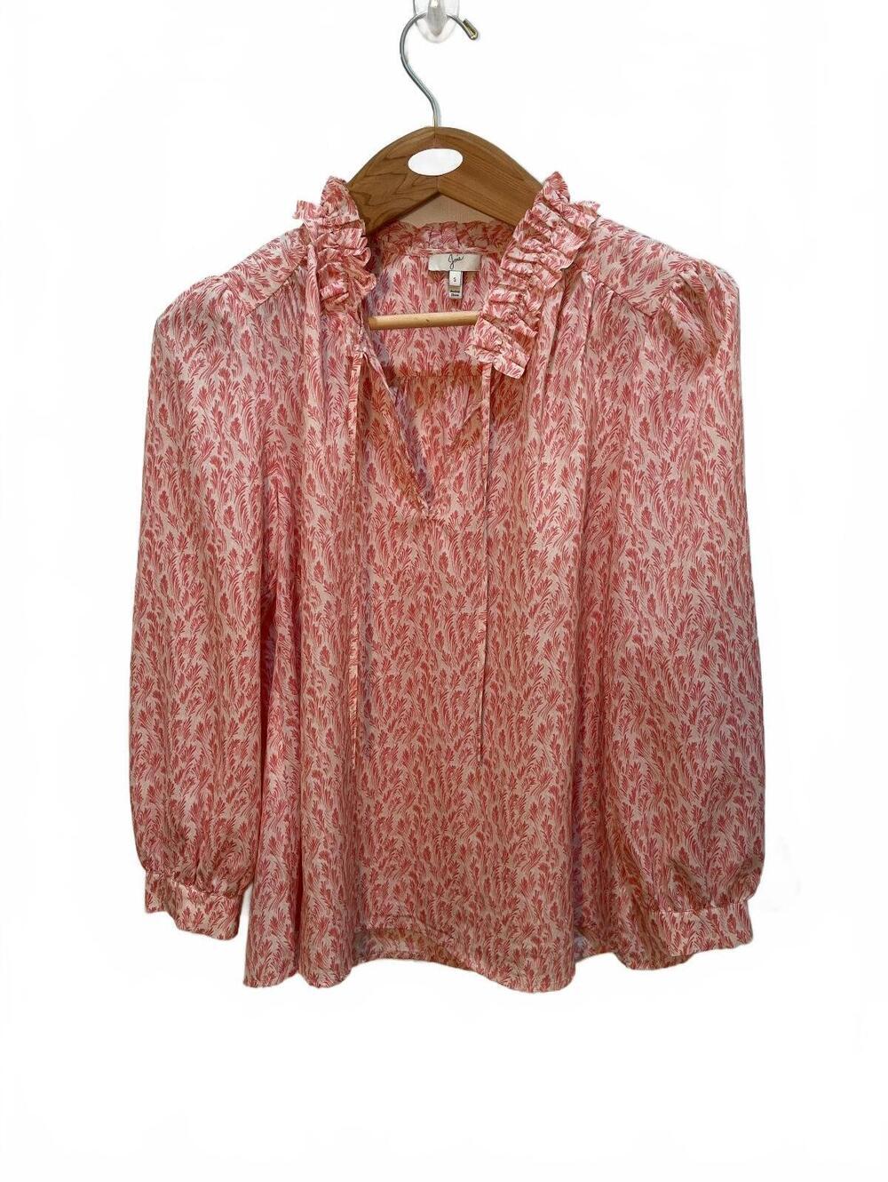 Joie Women's Pink Patterned Ruffle Collar Button-Up Shirt Size S